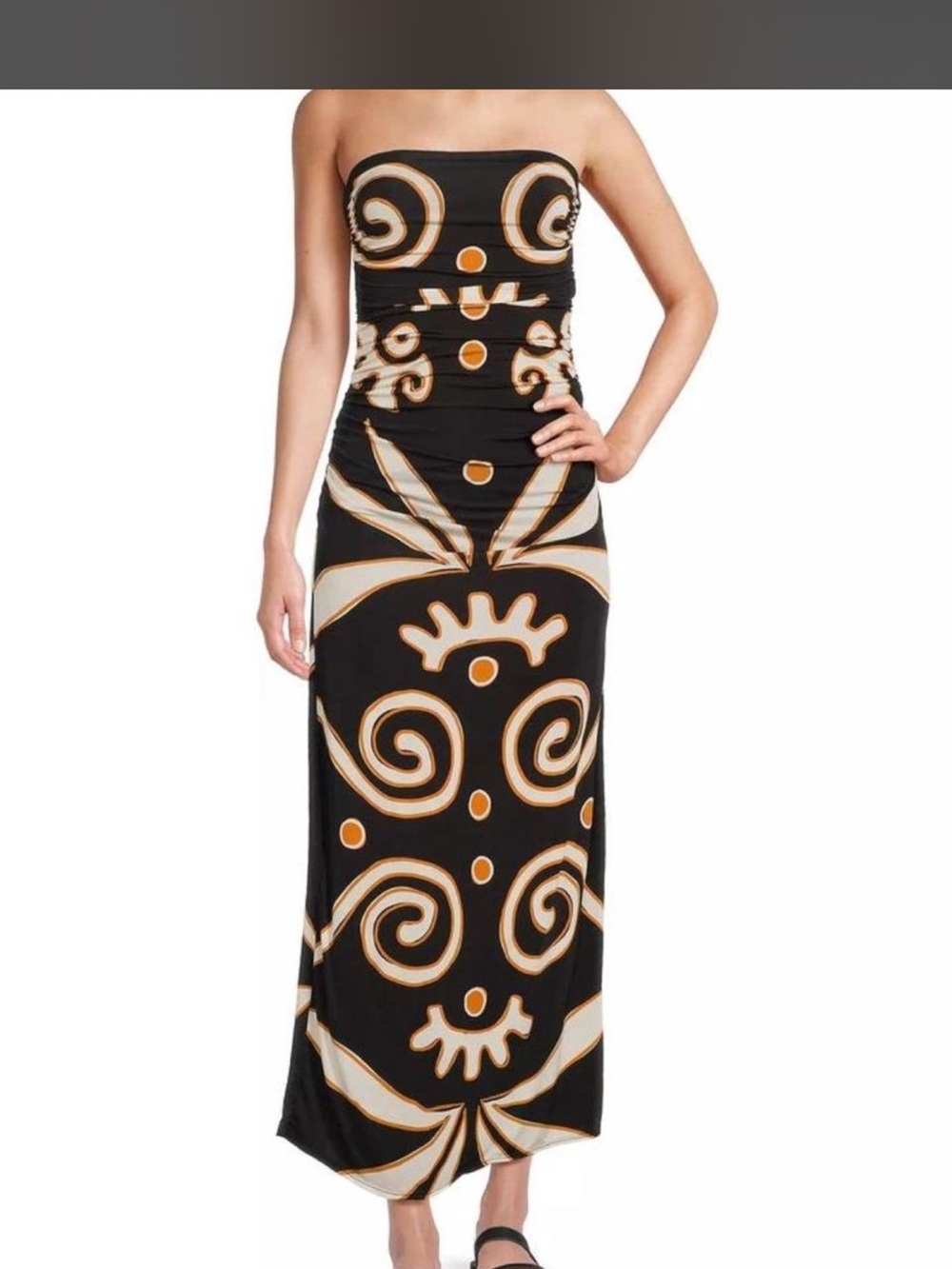 Strapless Black Maxi Dress with Cream and Orange Graphic Motif